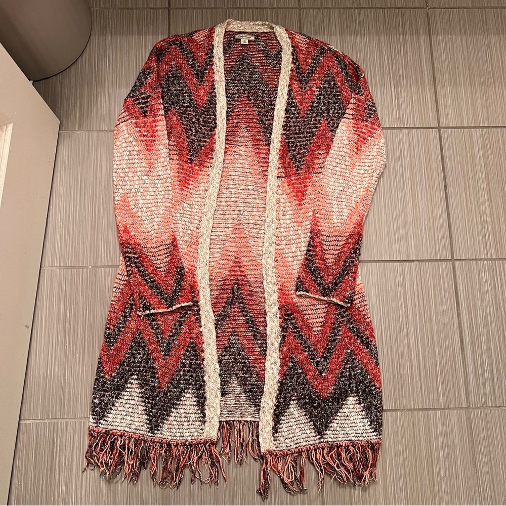 Lucky Brand Chevron Fringe Duster Cardigan sweater medium southwestern print - Picture 8 of 14
